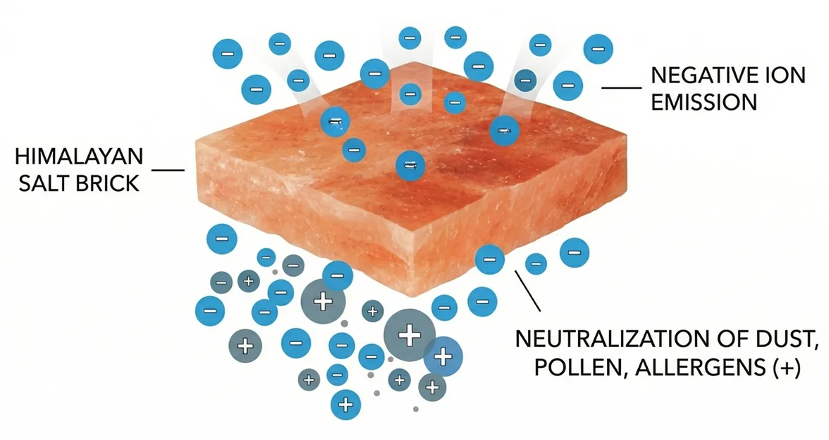 Illustration of negative ions around a Himalayan salt brick and their interaction with positively charged airborne particles