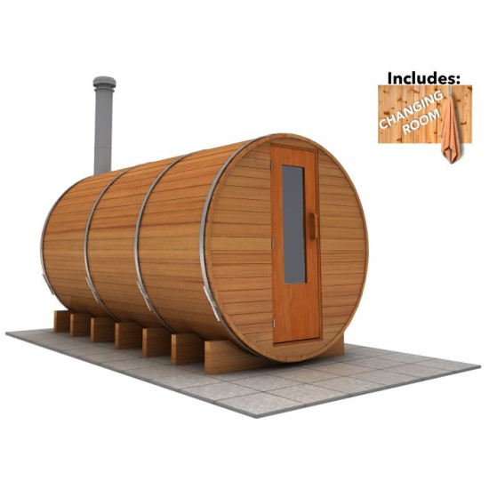 12 foot x 7 foot Barrel Sauna with Change Room (Wood Fired Heater)