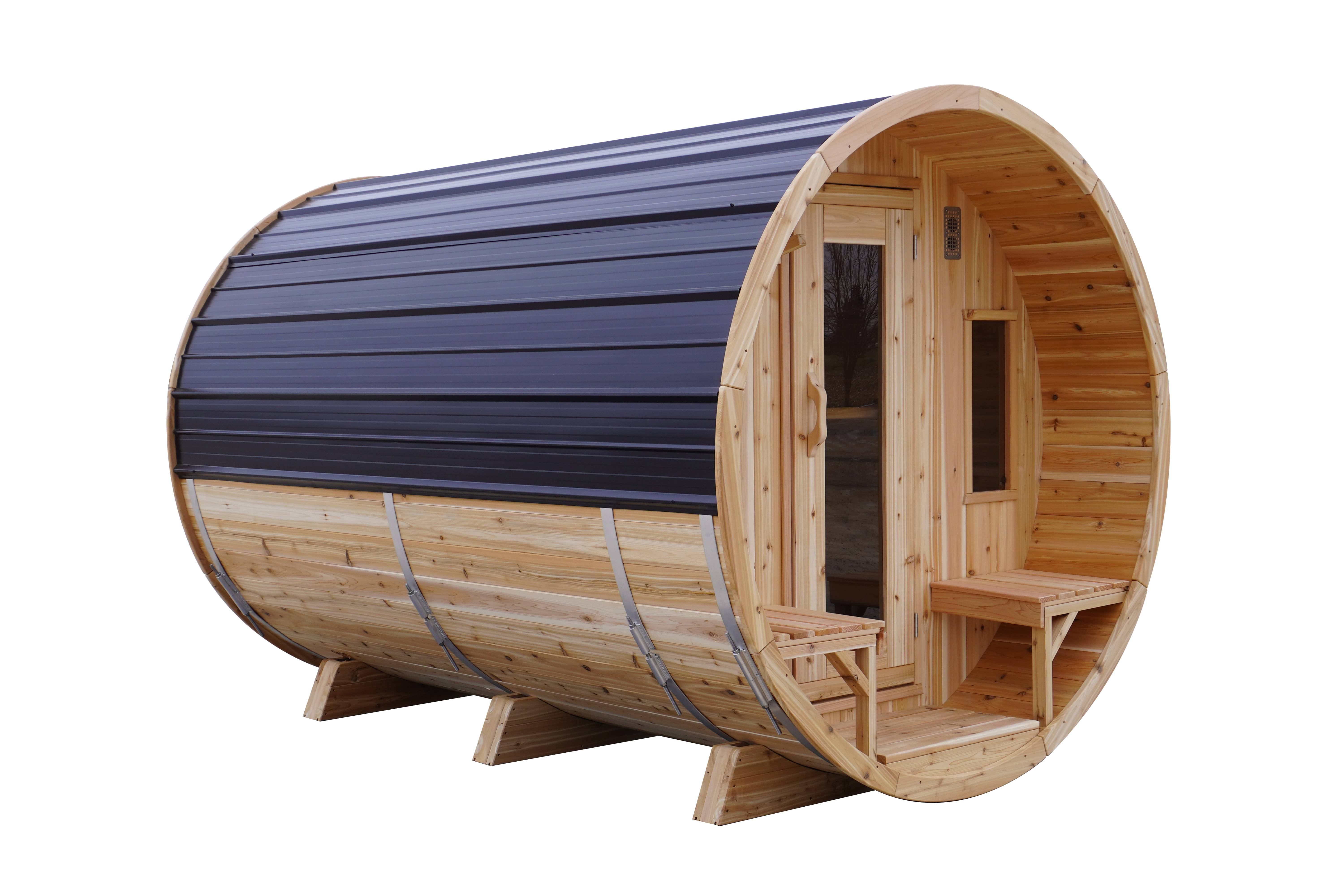 8' Red Cedar Barrel Sauna With 2' Porch