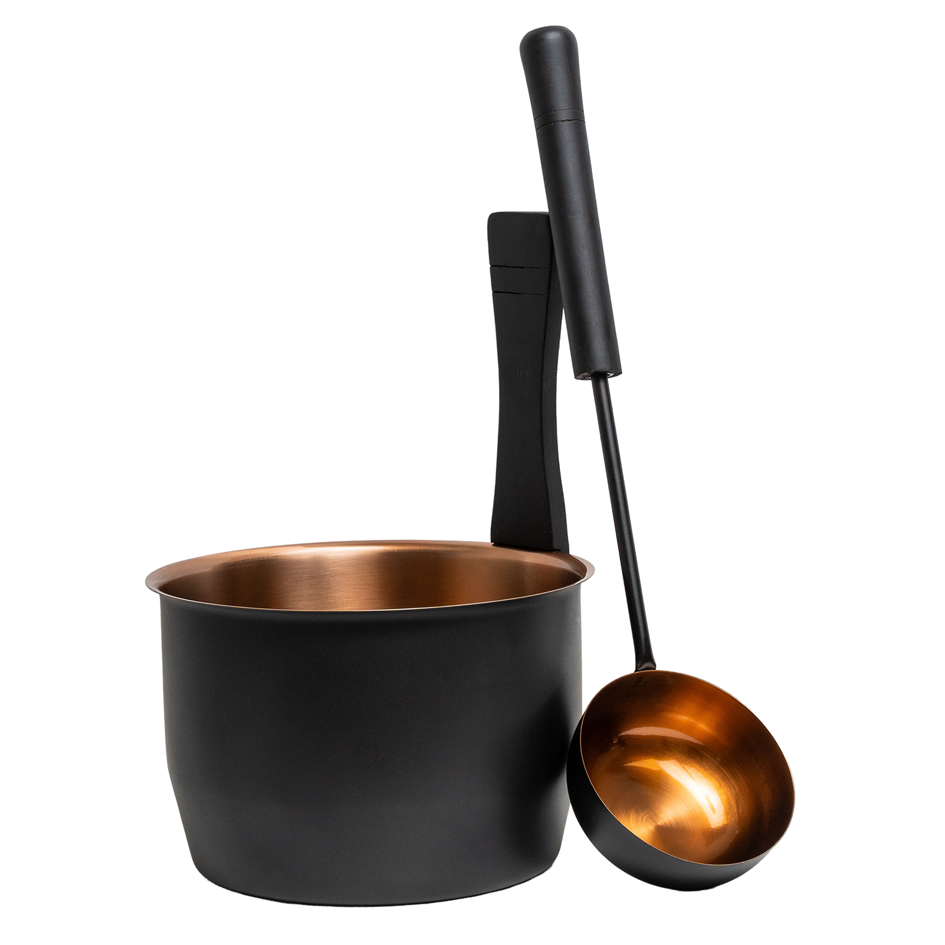 Saunia Sauna Set with black bucket and copper interior, and matching ladle
